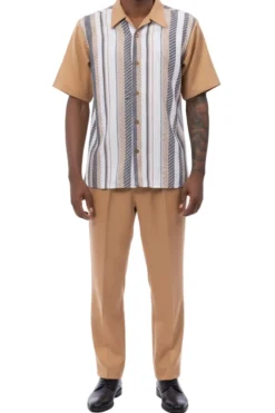 (M) Almond Color Striped Walking Suit 2 Piece Short Sleeve Set