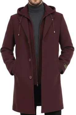 (M) Burgundy Wool Slim Fit Top Coat with Hoodie
