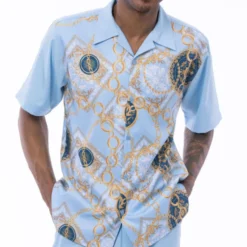 Men's 2 Piece Gold Chain Print Pattern Light Blue Walking Suit