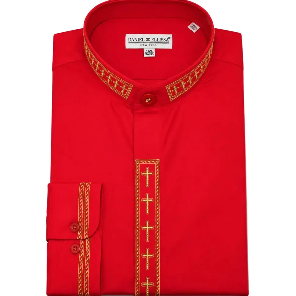 Men's Banded Collar Embroidered Convertible Cuff Shirt in Red/Gold