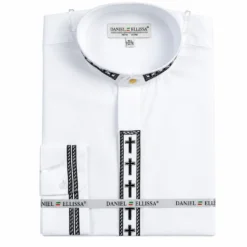 Men's Banded Collar Embroidered Convertible Cuff Shirt in White/Black