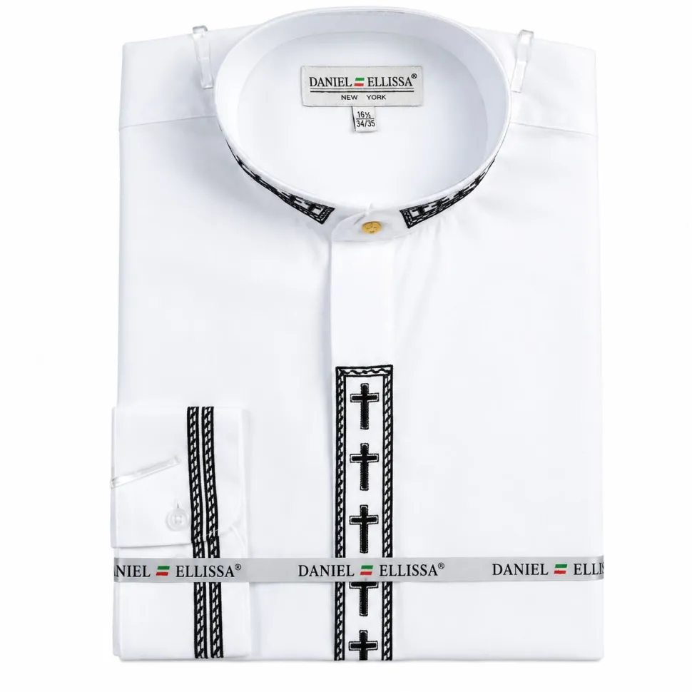 Men's Banded Collar Embroidered Convertible Cuff Shirt in White/Black
