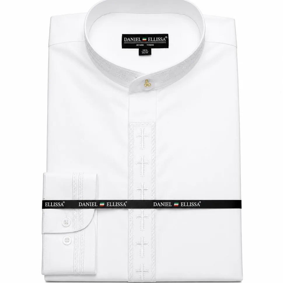 Men's Banded Collar Embroidered Convertible Cuff Shirt in White/White