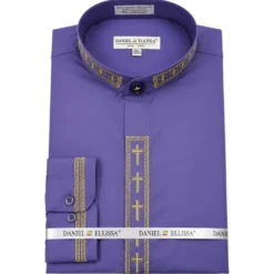Men's Banded Collar Embroidered Convertible Cuff Shirt in Purple/Gold