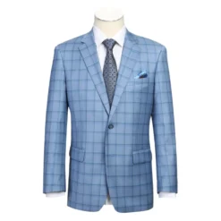 Men's Blue Classic Fit 100% Wool Plaid Blazer