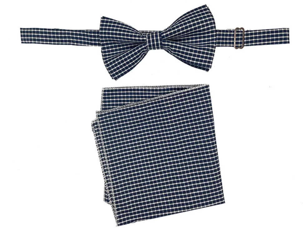 Men's Bow Tie and Hanky Accessory Set in Navy Plaid