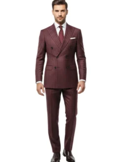 Men's Slim Fit Burgundy 2 Piece Double Breasted Pinstripe Suit