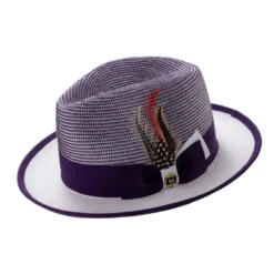 Men’s Two-Tone Braided Fedora Hat With Ribbon - Purple/White