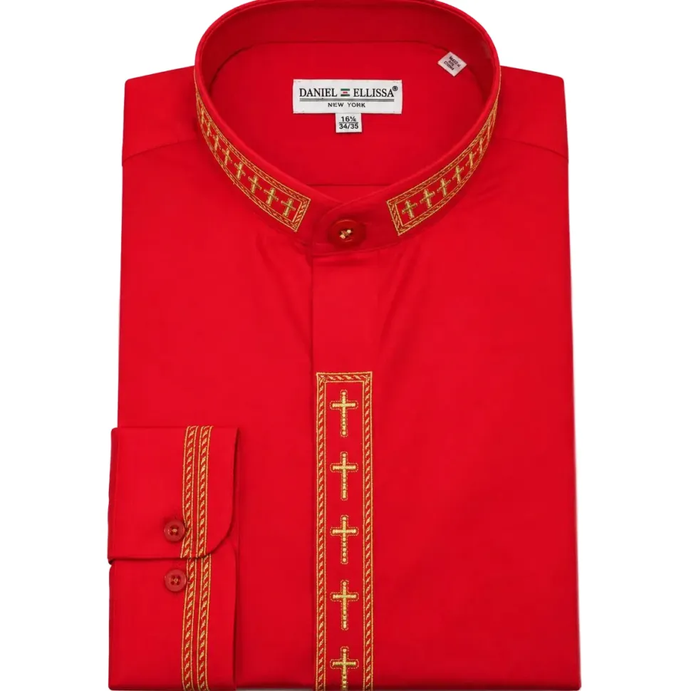 Men's Banded Collar Embroidered Convertible Cuff Shirt in Red/Gold