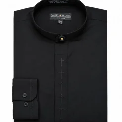 Men's Banded Collar Embroidered Convertible Cuff Shirt in Black/Black
