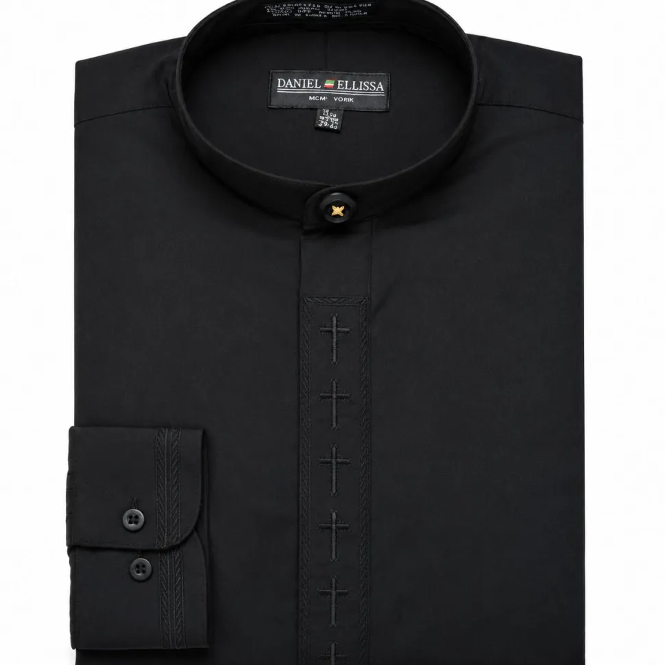 Men's Banded Collar Embroidered Convertible Cuff Shirt in Black/Black