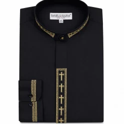 Men's Banded Collar Embroidered Convertible Cuff Shirt in Black/Gold
