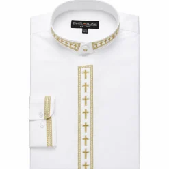 Men's Banded Collar Embroidered Shirt in White/Gold