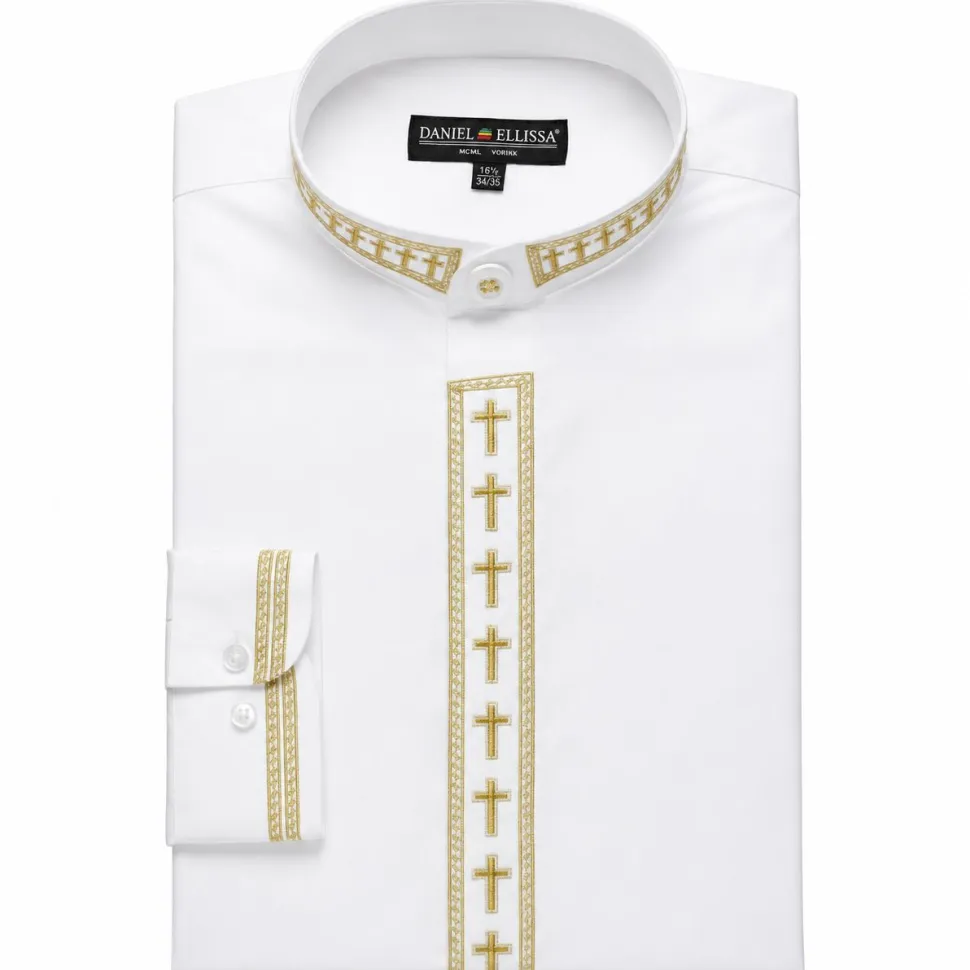 Men's Banded Collar Embroidered Shirt in White/Gold