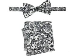 Men's Bow Tie and Hanky Accessory Set in Black White Floral