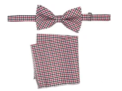 Men's Bow Tie and Hanky Accessory Set in Red Navy Plaid