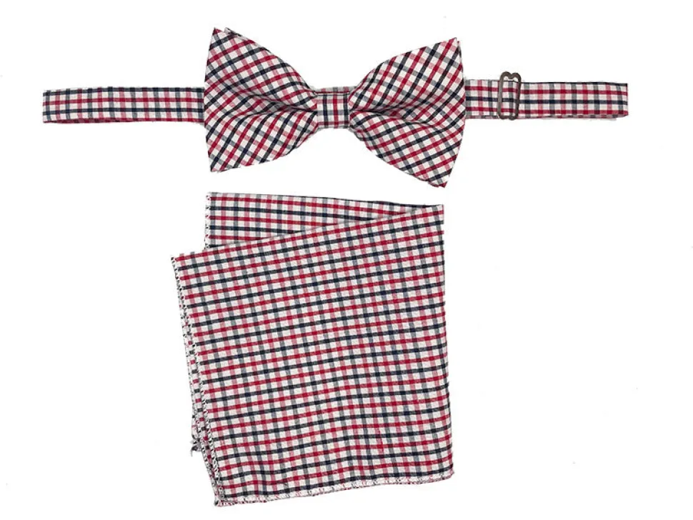 Men's Bow Tie and Hanky Accessory Set in Red Navy Plaid