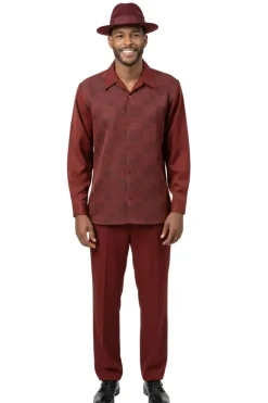 Men’s 2 Piece Burgundy Check Jacquard Pattern Long Sleeve Walking Suit