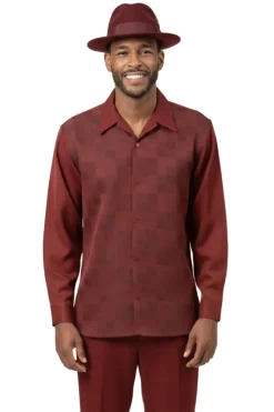 Men’s 2 Piece Burgundy Check Jacquard Pattern Long Sleeve Walking Suit