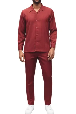 Men’s 2 Piece Cognac Textured Pattern Long Sleeve Walking Suit