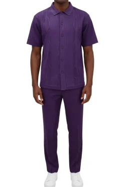 Men's Purple Wavy Geometric Pattern 2 Piece Walking Suit Set