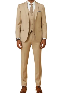 Men's Slim Fit Solid Tan 3 Piece Suit