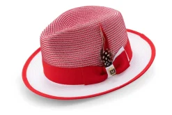 Men’s Two-Tone Braided Fedora Hat With Ribbon Red/White