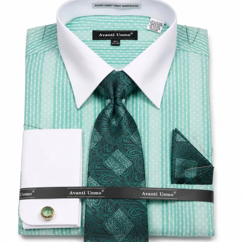 Mint Jacquard Stripe French Cuff Dress Shirt Set