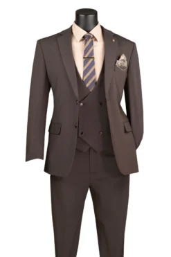 Modern Fit Brown 3 Piece Suit with Vest and Adjustable Waistband Pants