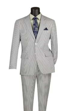 Modern Fit Summer 2 Piece 2 Button Suit Striped Seersucker in Dark Green