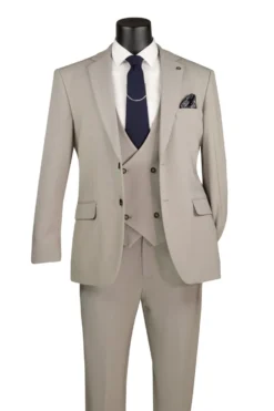 Modern Fit Tan 3 Piece Suit with Vest and Adjustable Waistband Pants