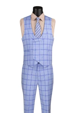 Modern Fit Windowpane Suit 3 Piece with U-Neck Vest in Light Blue