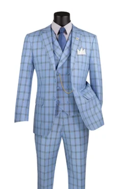 Modern Fit Windowpane Suit 3 Piece in Light Blue