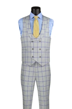 Modern Fit Windowpane Suit 3 Piece with U-Neck Vest in Light Gray