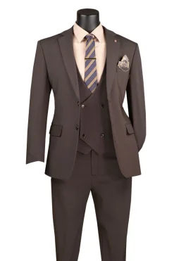 Modern Fit Brown 3 Piece Suit with Vest and Adjustable Waistband Pants