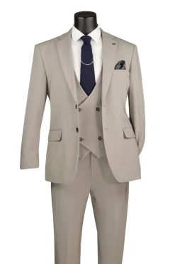 Modern Fit Tan 3 Piece Suit with Vest and Adjustable Waistband Pants