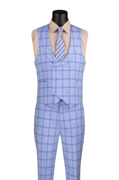Modern Fit Windowpane Suit 3 Piece with U-Neck Vest in Light Blue