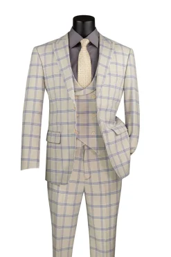 Modern Fit Windowpane Suit 3 Piece with U-Neck Vest in Light Beige