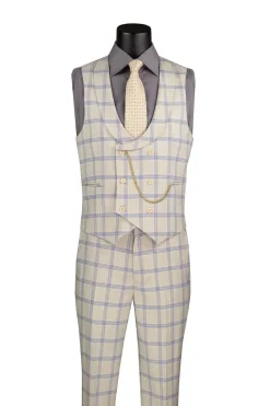Modern Fit Windowpane Suit 3 Piece with U-Neck Vest in Light Beige
