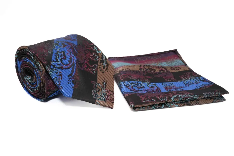 Multi Color Floral Diagonal Stripe Pattern Tie and Pocket Square Set