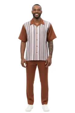 Multi-Tone Vertical Stripe Short Sleeve Walking Suit - Cognac