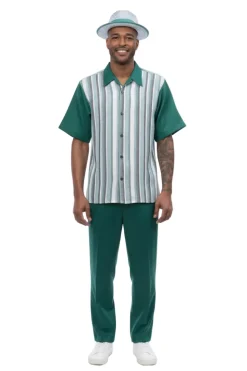 Multi-Tone Vertical Stripe Short Sleeve Walking Suit - Green