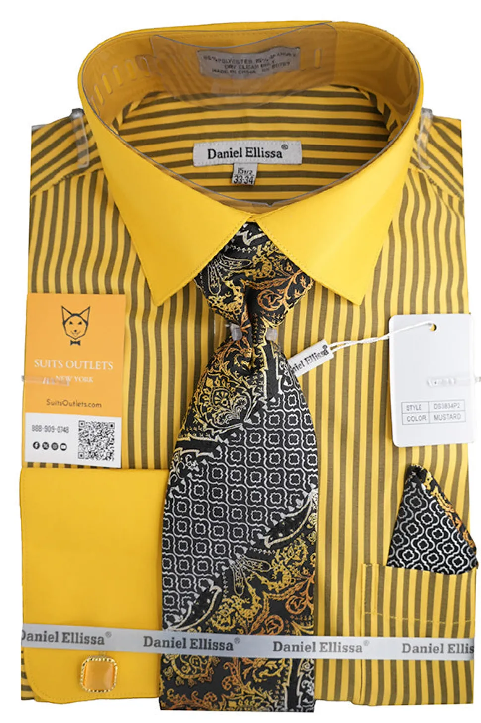 Mustard Black Bold Stripe French Cuff Dress Shirt with Tie, Cuff Links and Pocket Square