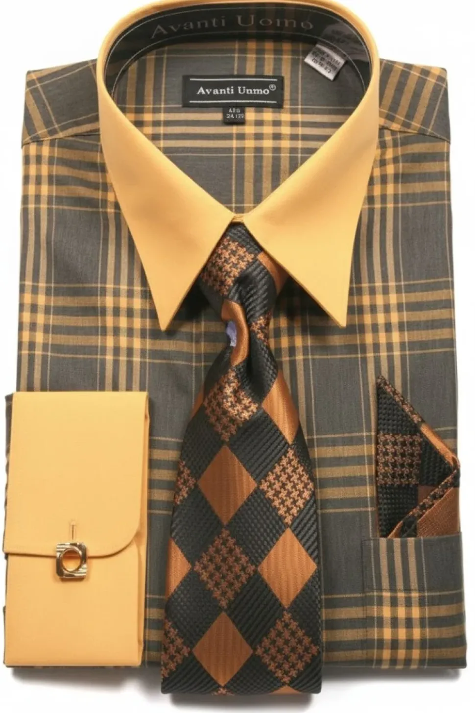 Mustard Check Pattern French Cuff Dress Shirt Set