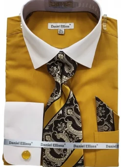 Mustard Geometric Jacquard Pattern French Cuff Dress Shirt Set