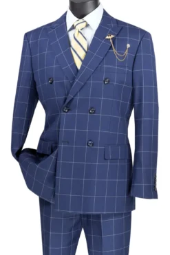 Naples Collection - Blue Modern Fit Double Breasted Windowpane Peak Lapel 2 Piece Suit