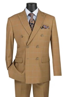 Naples Collection - Camel Modern Fit Double Breasted Windowpane Peak Lapel 2 Piece Suit