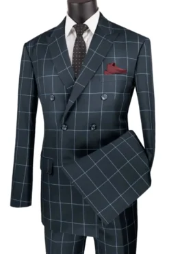 Naples Collection - Gray Modern Fit Double Breasted Windowpane Peak Lapel 2 Piece Suit