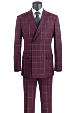 Naples Collection - Wine Modern Fit Double Breasted Windowpane Peak Lapel 2 Piece Suit