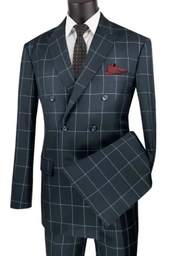 Naples Collection - Gray Modern Fit Double Breasted Windowpane Peak Lapel 2 Piece Suit